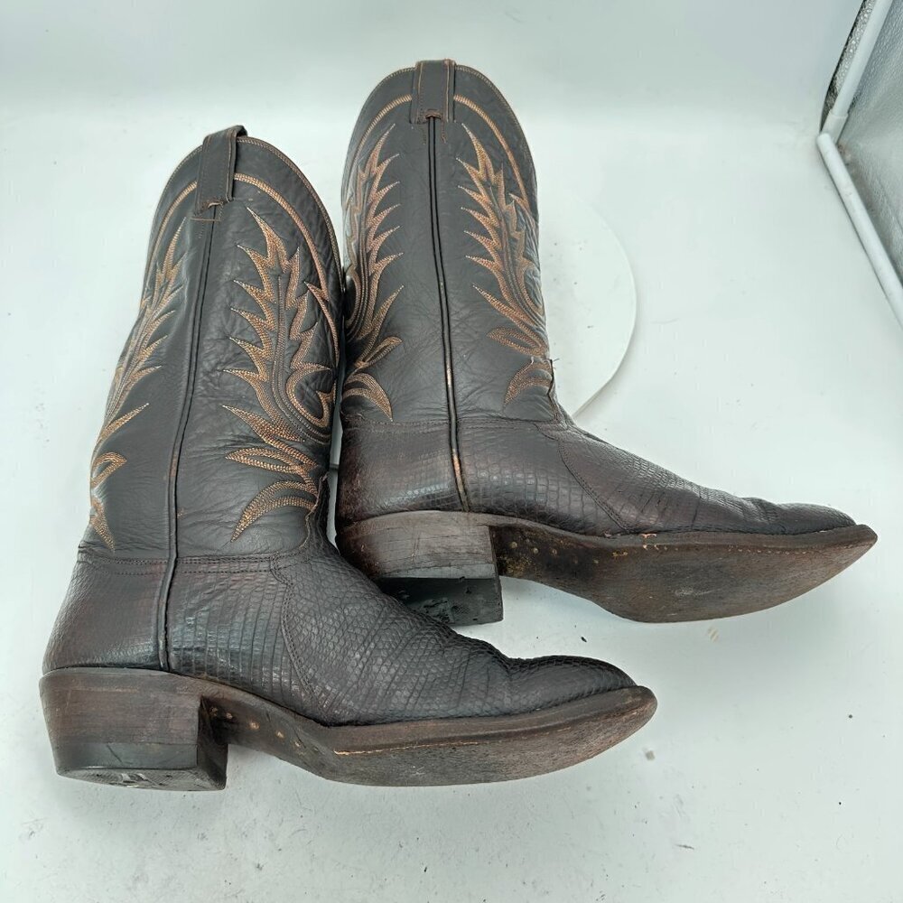 Tony Lama Men Size 8.5 Dark Brown Leather Pull On Western Cowboy Boots - Picture 6 of 14